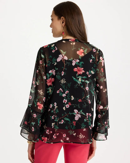 Chico's Georgette Ruffled Cuff Blouse Black