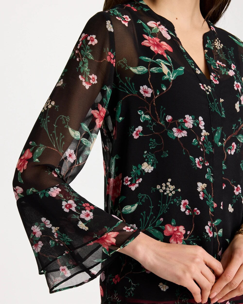 Chico's Georgette Ruffled Cuff Blouse Black