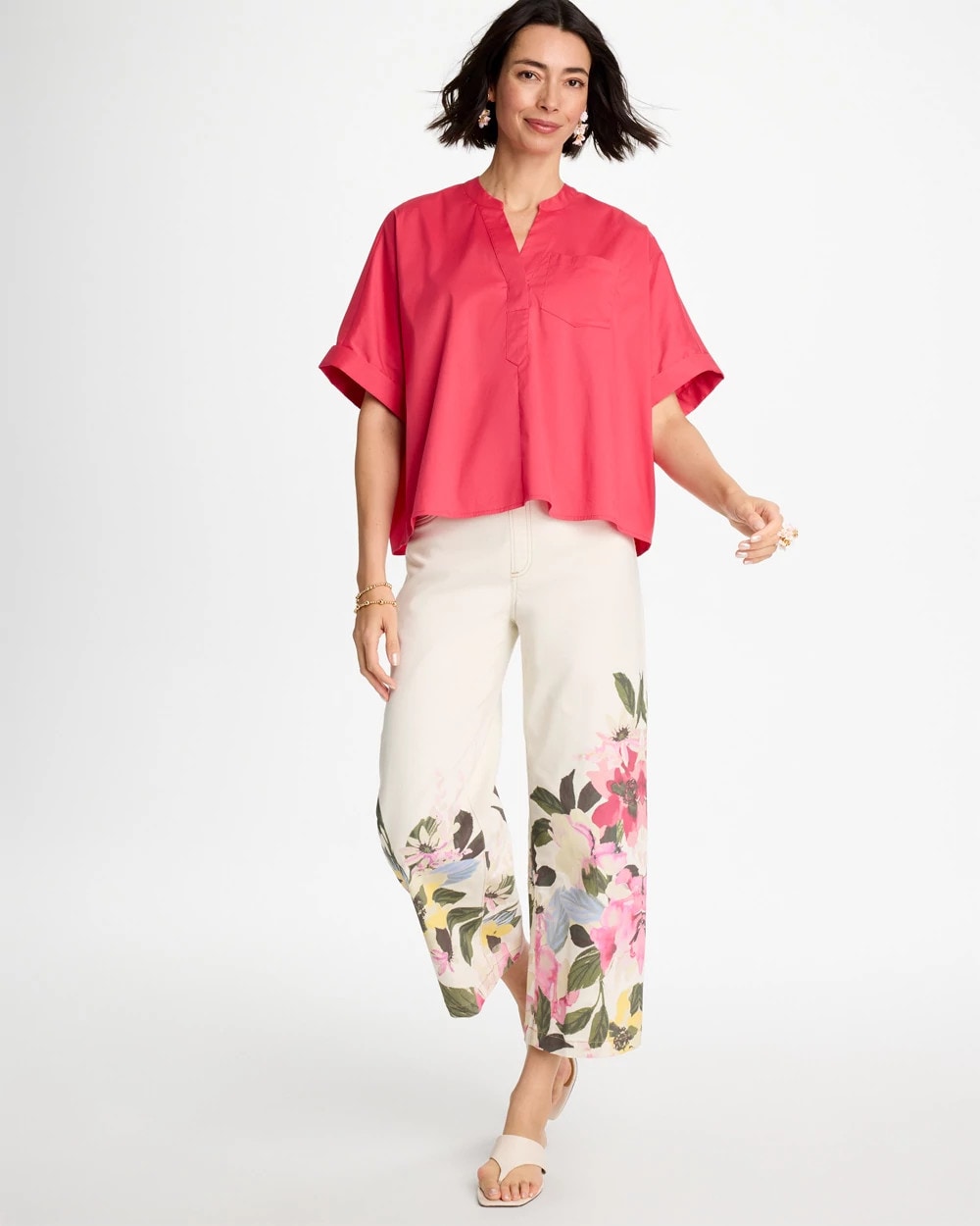 Chico's Poplin Popover Dolman Top Hot Honeysuckle