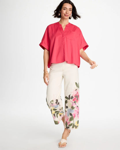 Chico's Poplin Popover Dolman Top Hot Honeysuckle