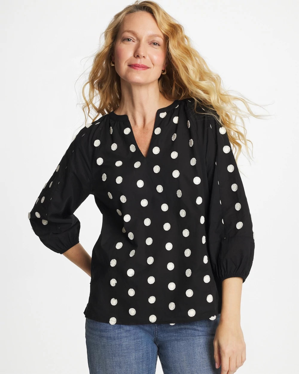 Chico's Textured Polka Dot Blouse Black