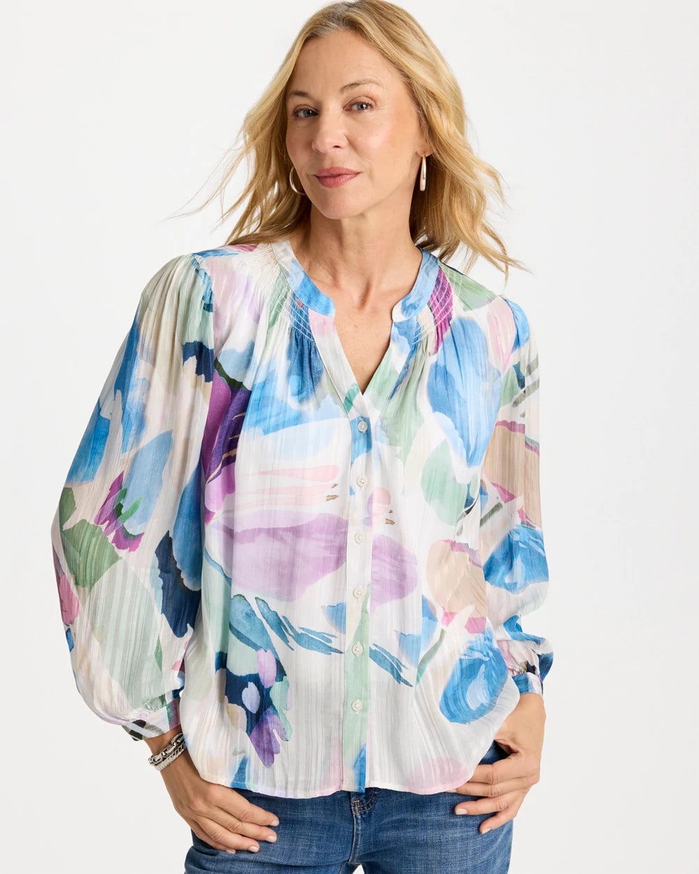 Chico's Blur Geo Button Front Blouse Passport Blue