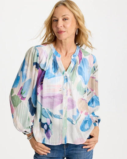 Chico's Blur Geo Button Front Blouse Passport Blue