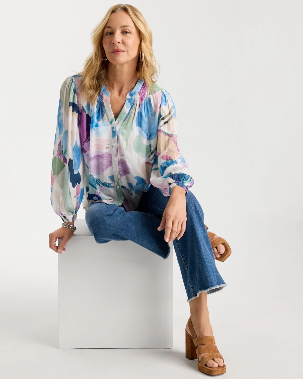 Chico's Blur Geo Button Front Blouse Passport Blue