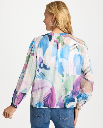 Chico's Blur Geo Button Front Blouse Passport Blue