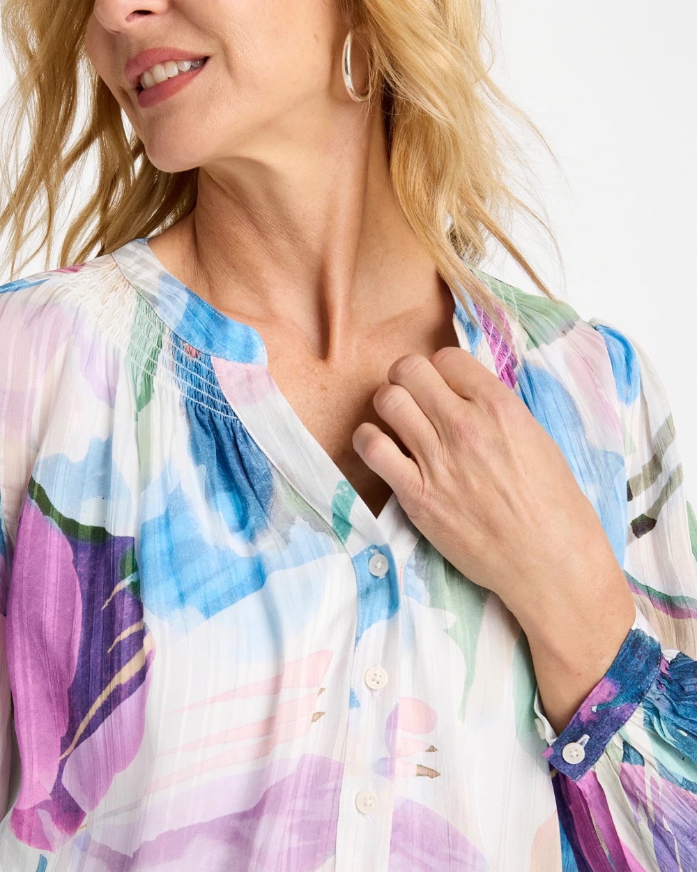Chico's Blur Geo Button Front Blouse Passport Blue