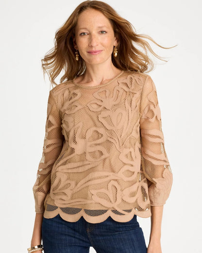 Chico's Floral-Motif Mesh 3/4 Sleeve Top Cattail Brown