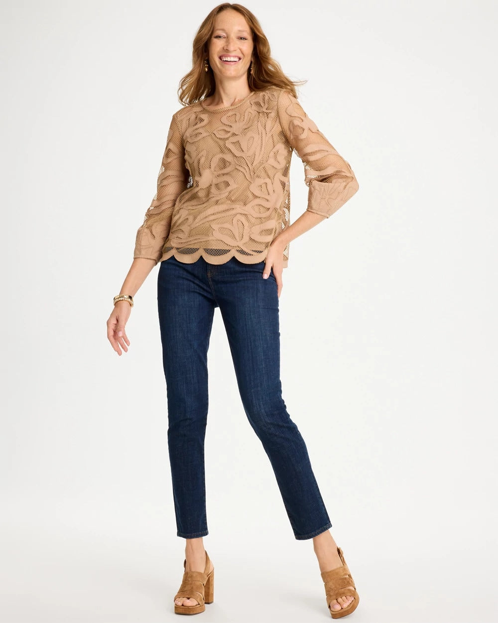 Chico's Floral-Motif Mesh 3/4 Sleeve Top Cattail Brown