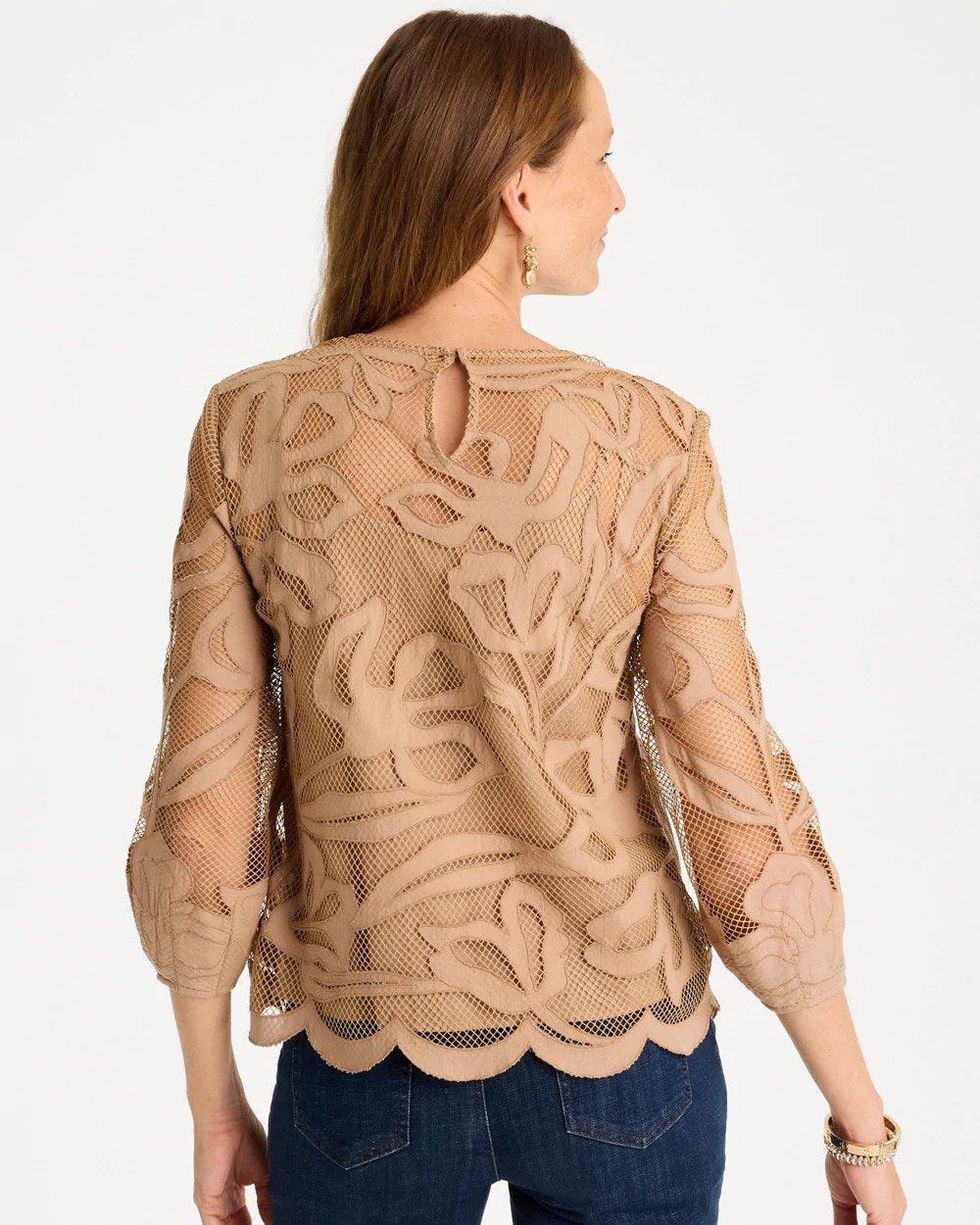 Chico's Floral-Motif Mesh 3/4 Sleeve Top Cattail Brown