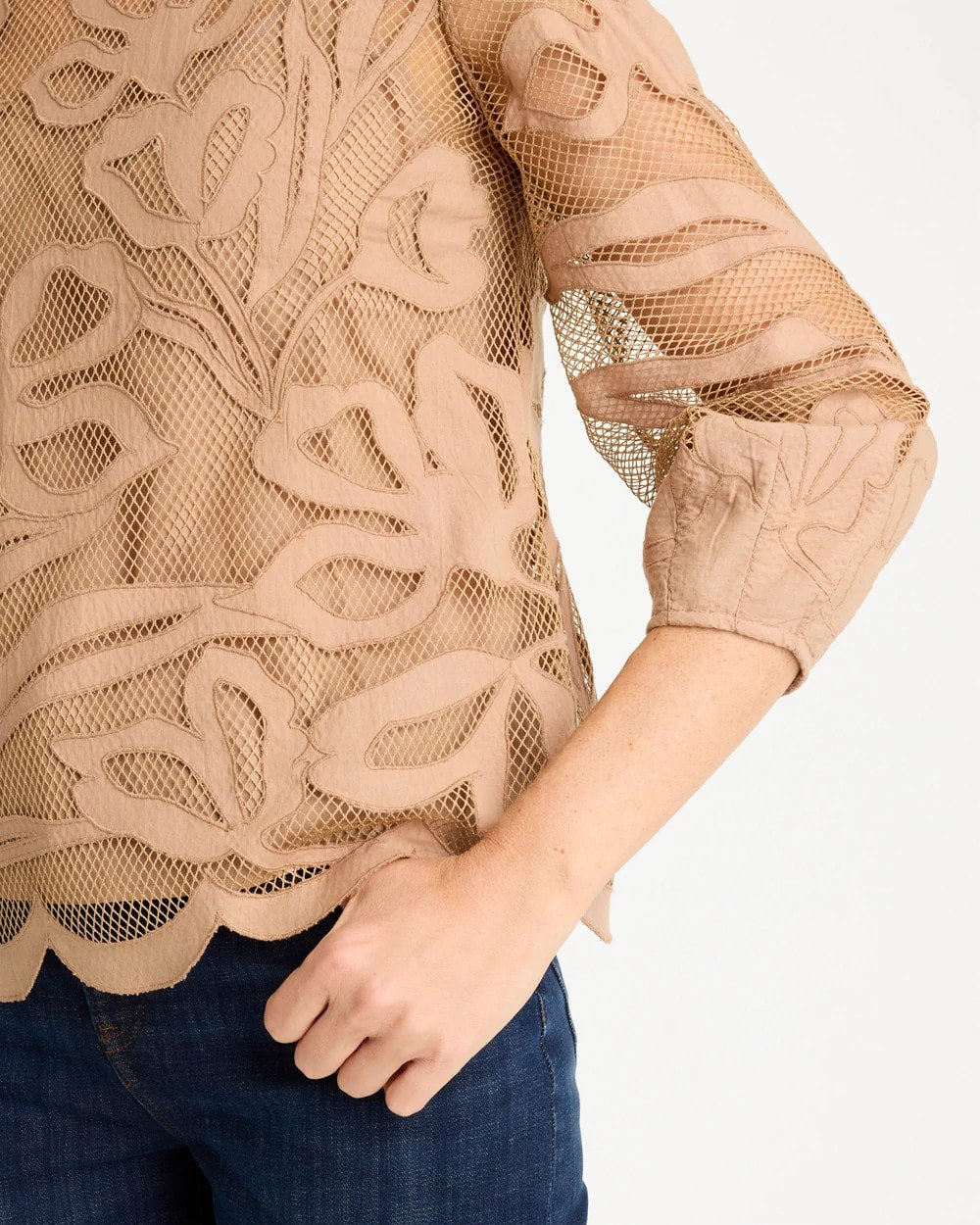 Chico's Floral-Motif Mesh 3/4 Sleeve Top Cattail Brown