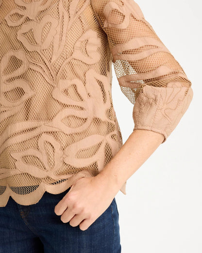 Chico's Floral-Motif Mesh 3/4 Sleeve Top Cattail Brown