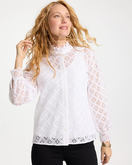 Chico's Lace Ruffle Neck Blouse Alabaster