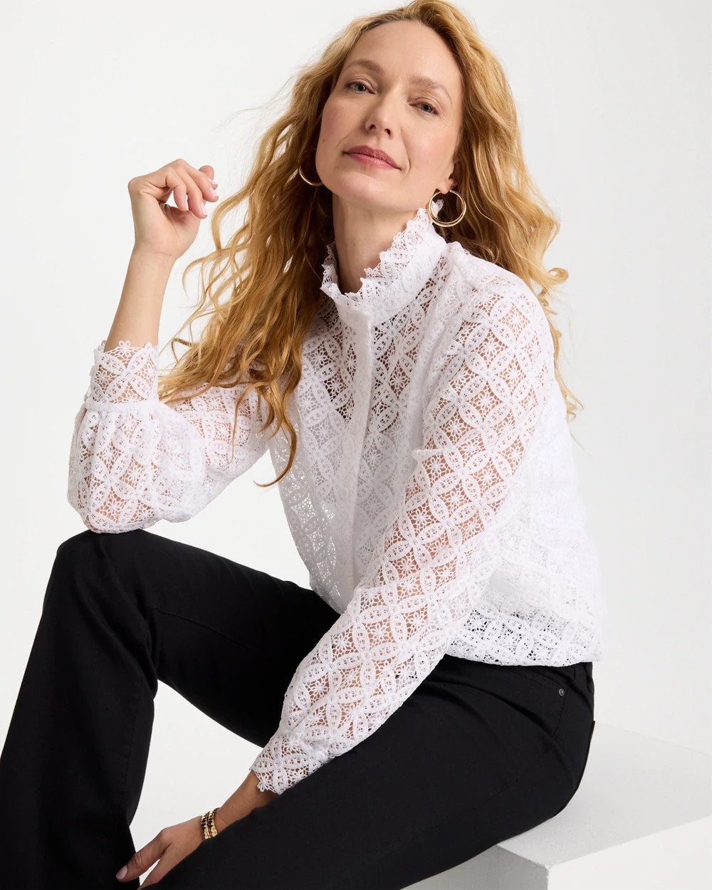 Chico's Lace Ruffle Neck Blouse Alabaster