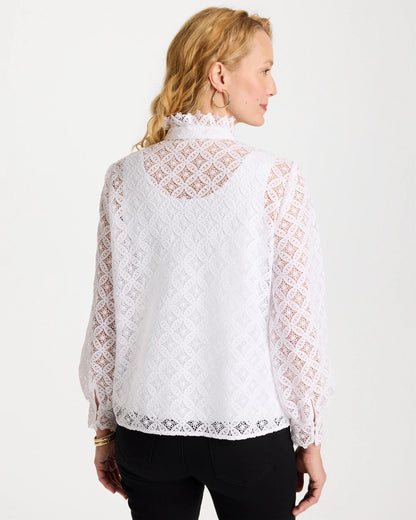 Chico's Lace Ruffle Neck Blouse Alabaster