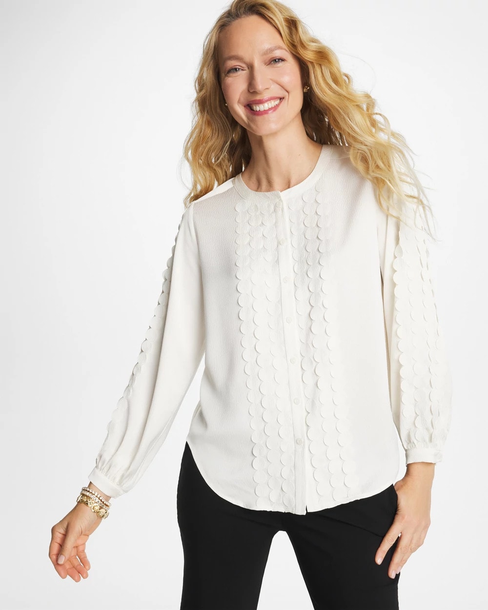 Chico's Laser Cut Crinkle Blouse Ecru