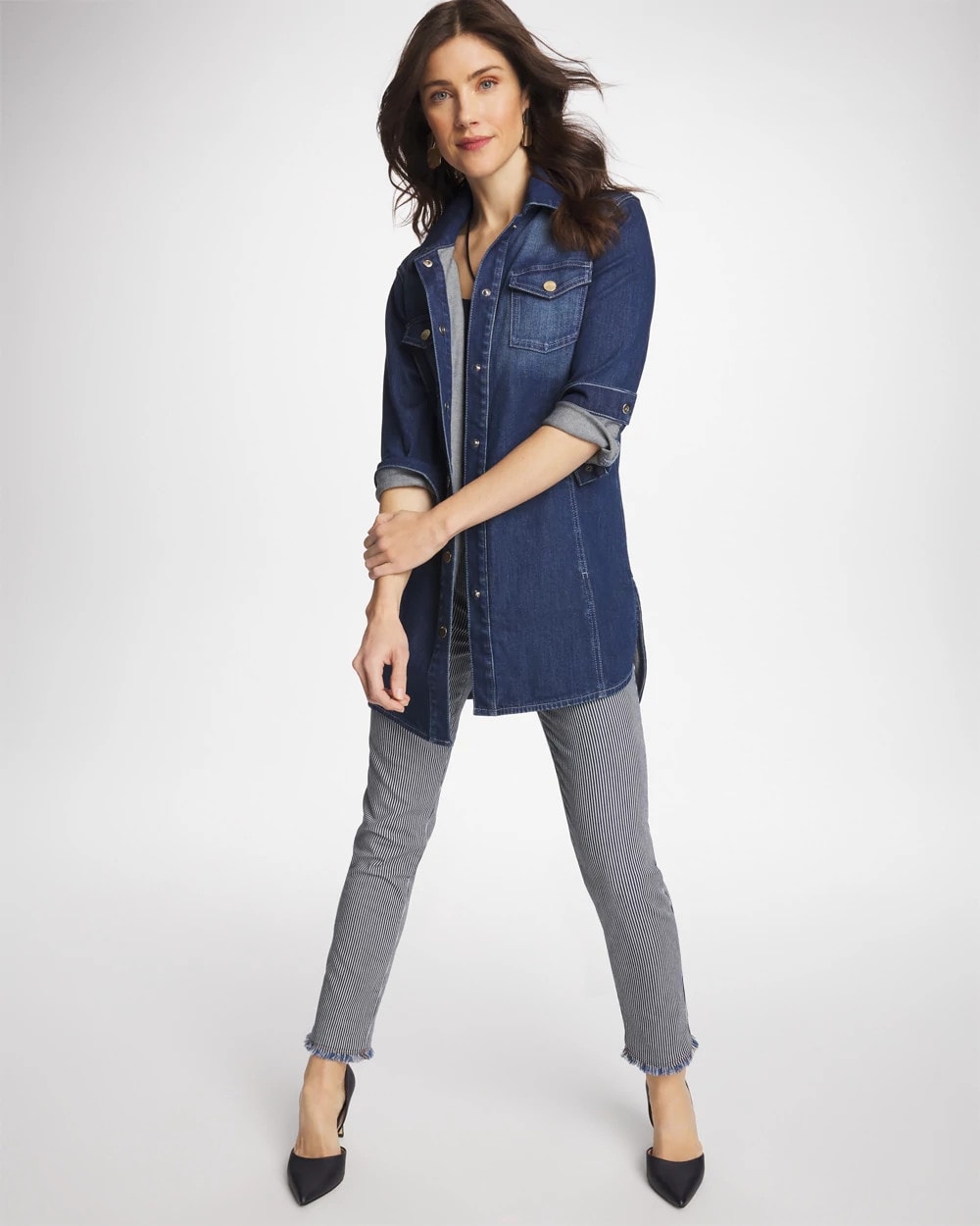 Chico's Button Down Denim Topper Rome Indigo