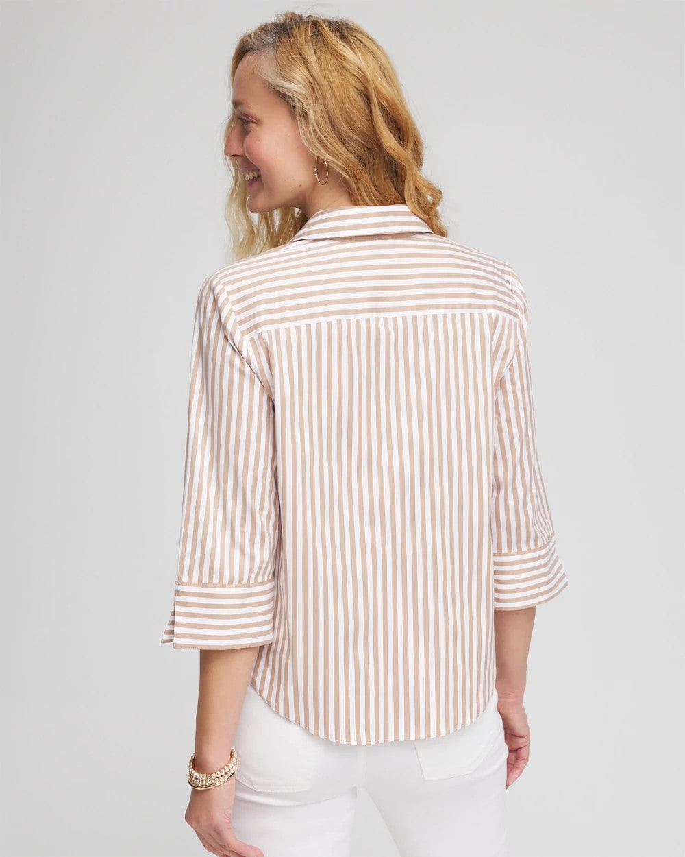 Chico's Striped Poplin Tie-Front Top Creme Coffee