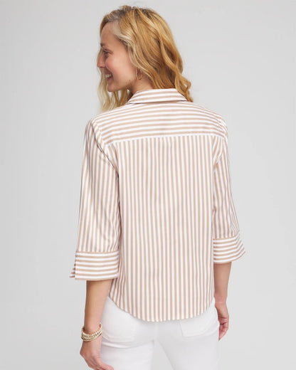 Chico's Striped Poplin Tie-Front Top Creme Coffee