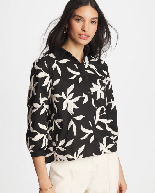 Chico's Embroidered Cropped Collared Shirt Black