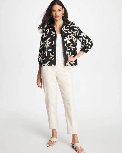 Chico's Embroidered Cropped Collared Shirt Black