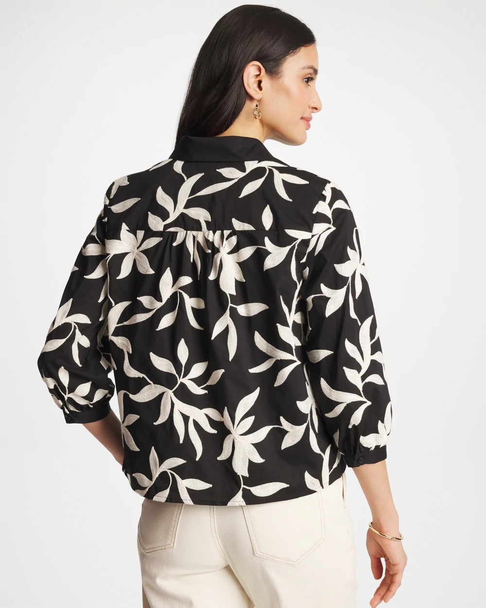 Chico's Embroidered Cropped Collared Shirt Black