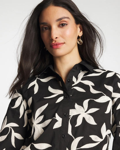 Chico's Embroidered Cropped Collared Shirt Black