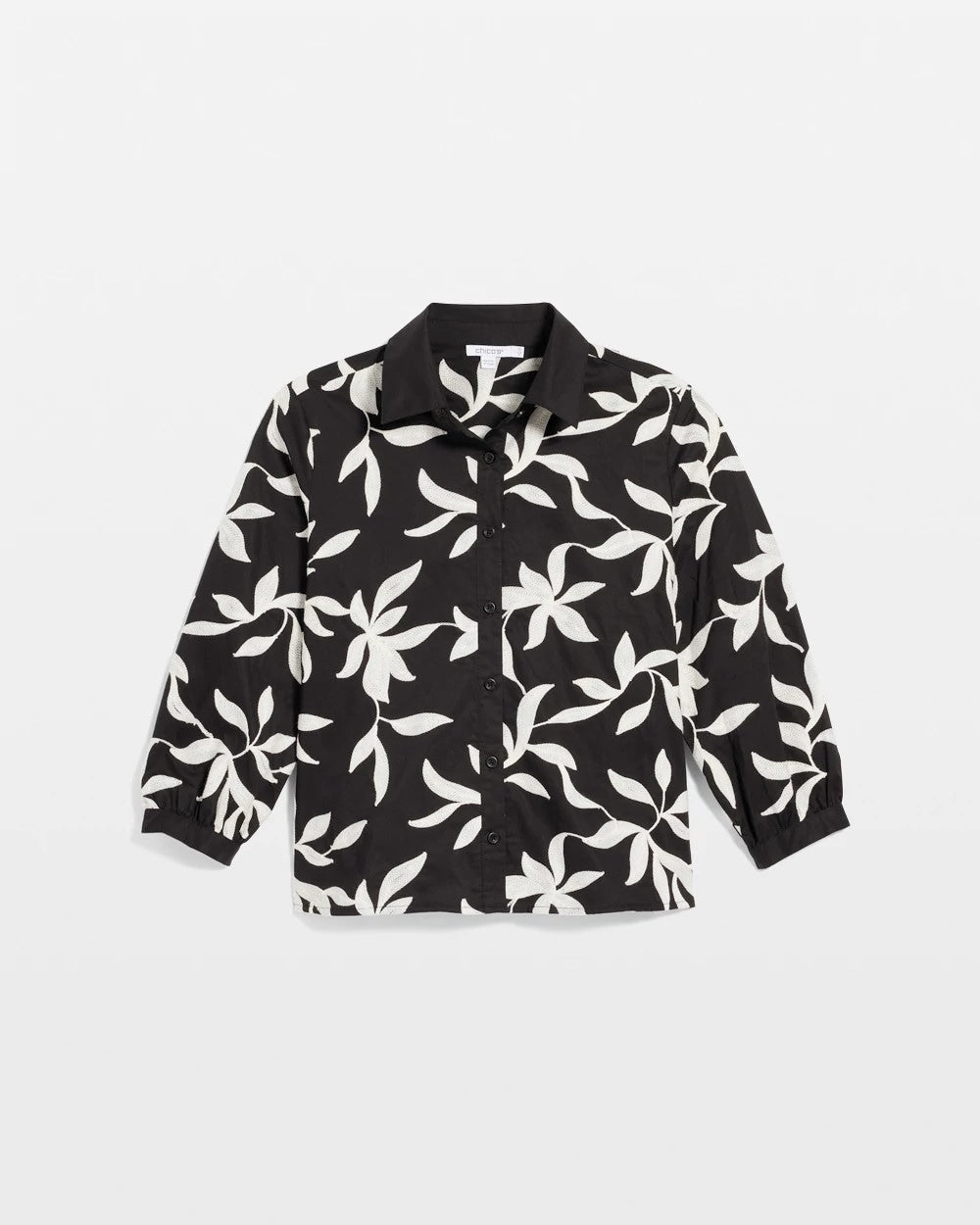 Chico's Embroidered Cropped Collared Shirt Black