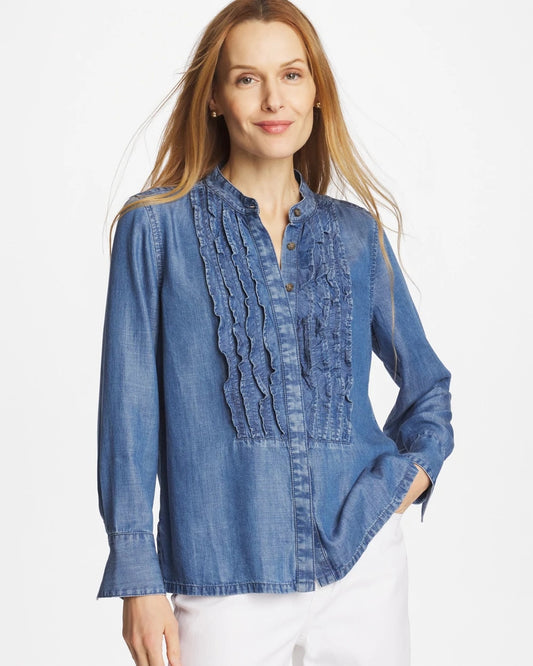 Chico's Tencel Ruffle Front Shirt Bailey Indigo