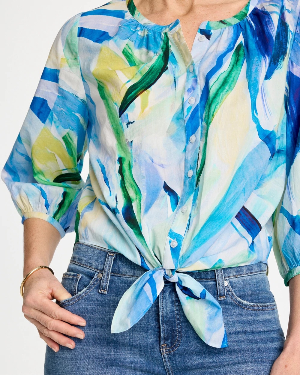Chico's Printed Tie-Front Top Amparo Blue
