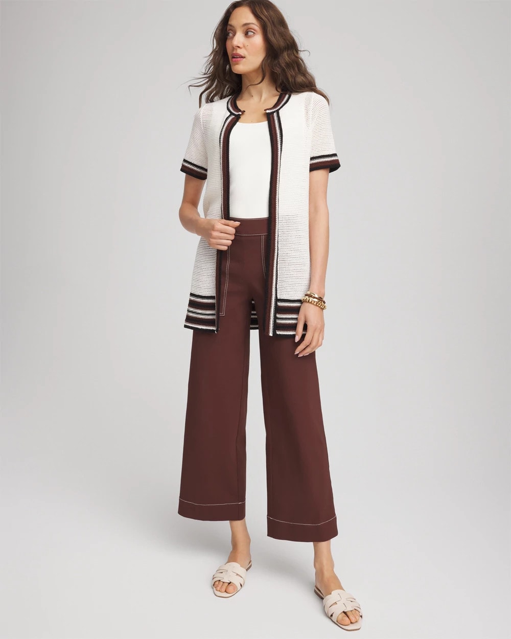 Chico's Pointelle High-Style Short-Sleeve Cardigan Ecru