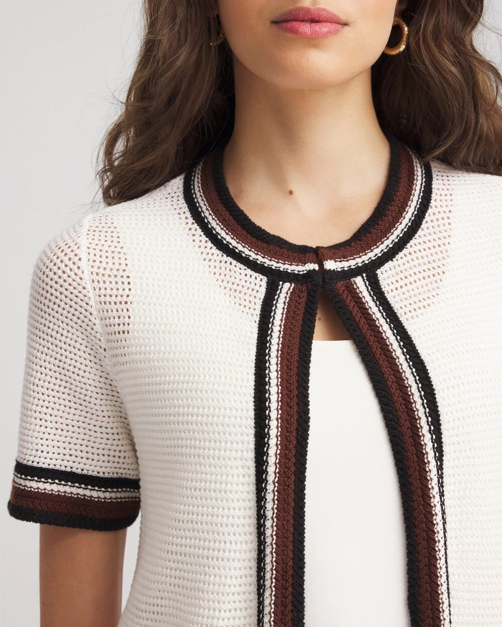 Chico's Pointelle High-Style Short-Sleeve Cardigan Ecru