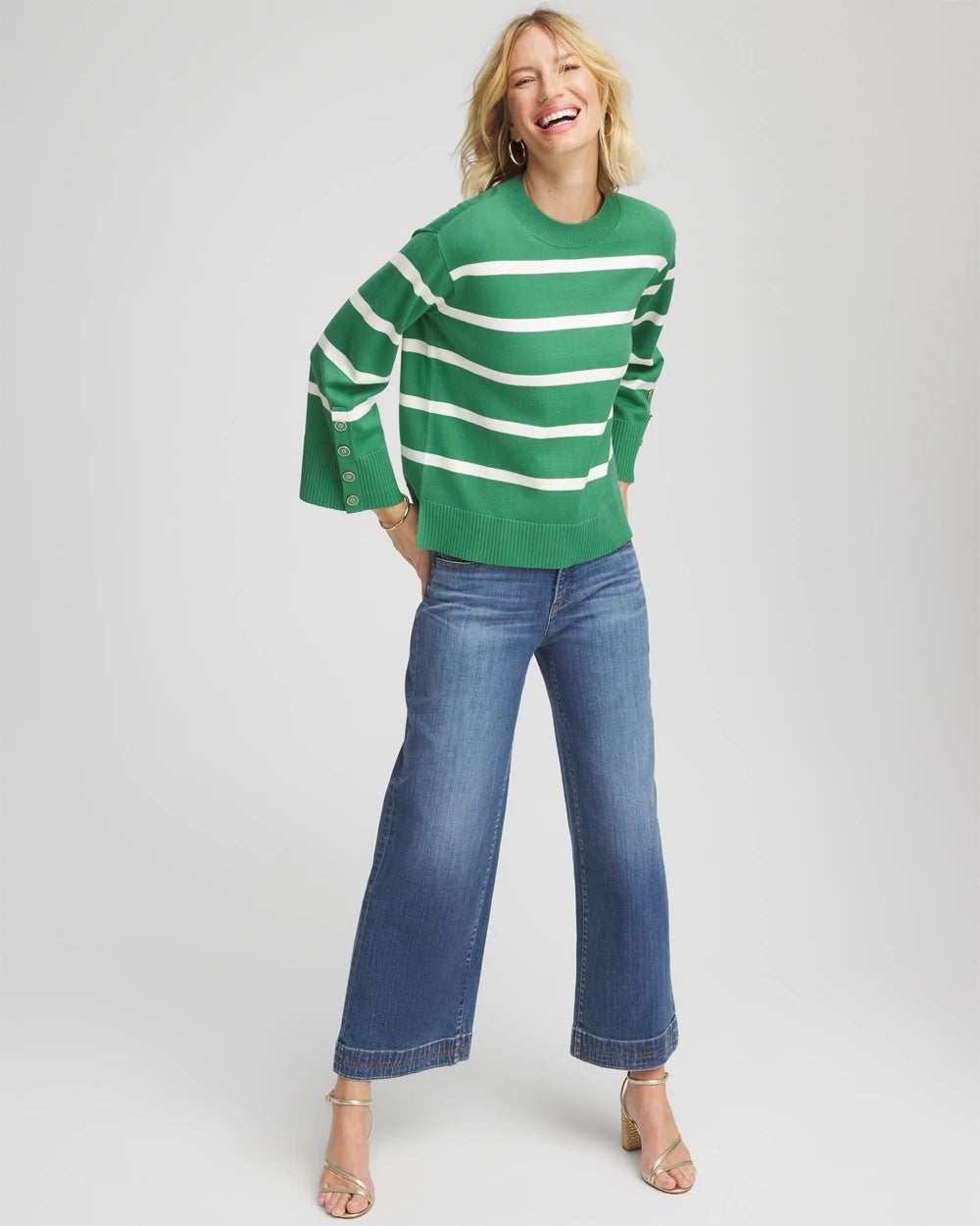 Chico's Striped Button Sleeve Crewneck Pullover Sweater Jardin Green