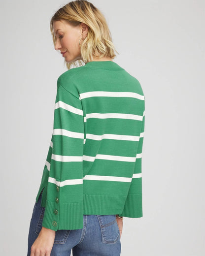 Chico's Striped Button Sleeve Crewneck Pullover Sweater Jardin Green