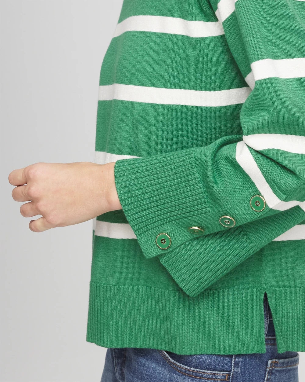 Chico's Striped Button Sleeve Crewneck Pullover Sweater Jardin Green
