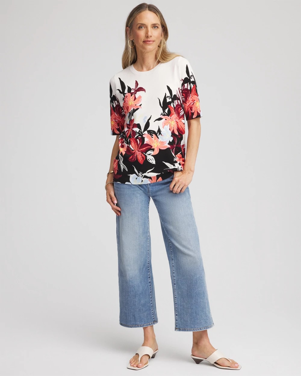 Chico's Floral Print Crewneck Sweater Ecru
