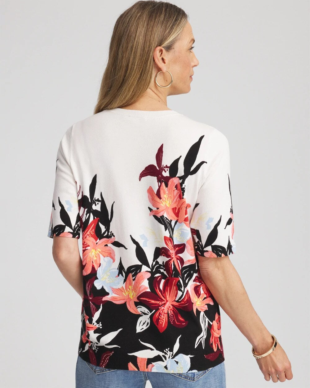 Chico's Floral Print Crewneck Sweater Ecru