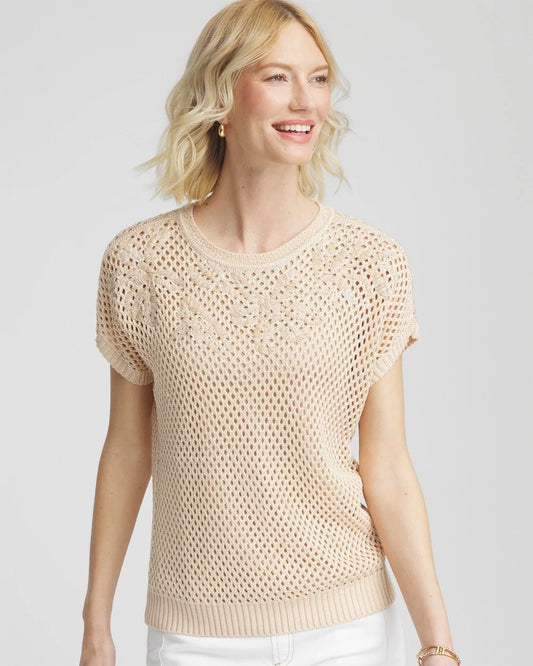 Chico's Embroidered Pointelle Pull-Over Glistening Sand