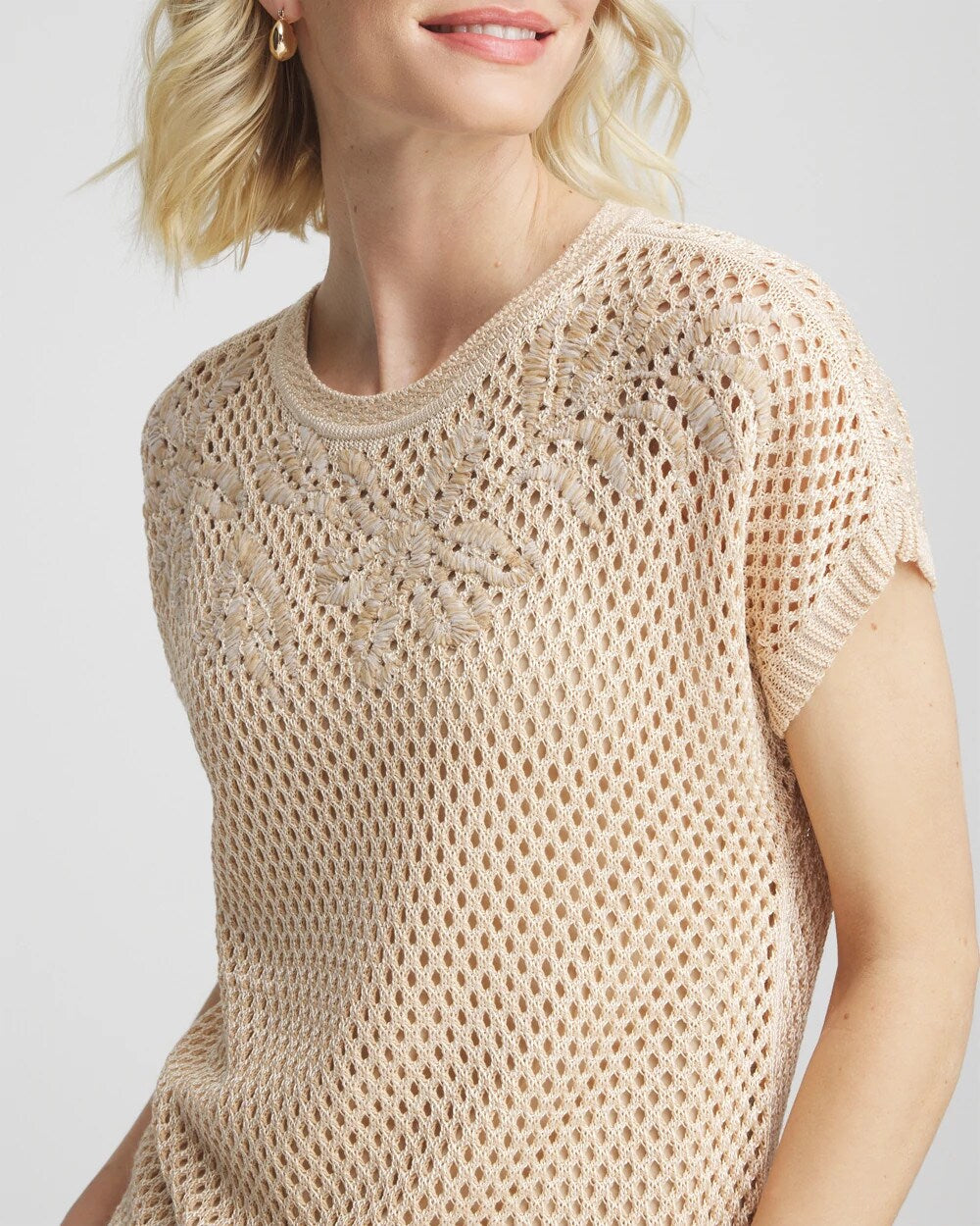 Chico's Embroidered Pointelle Pull-Over Glistening Sand