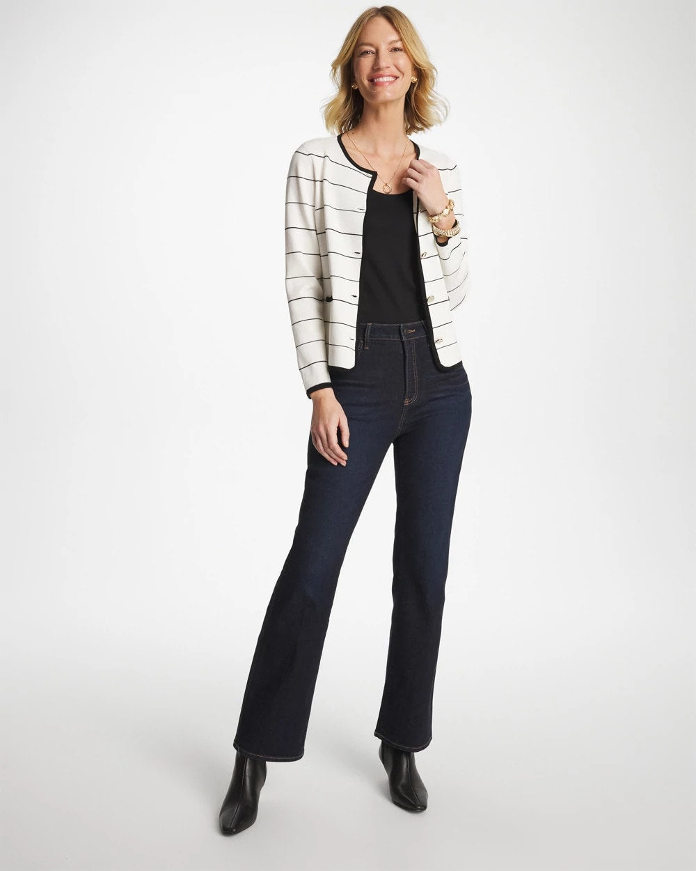 Chico's Contrast Tipped Sweater Blazer Ecru