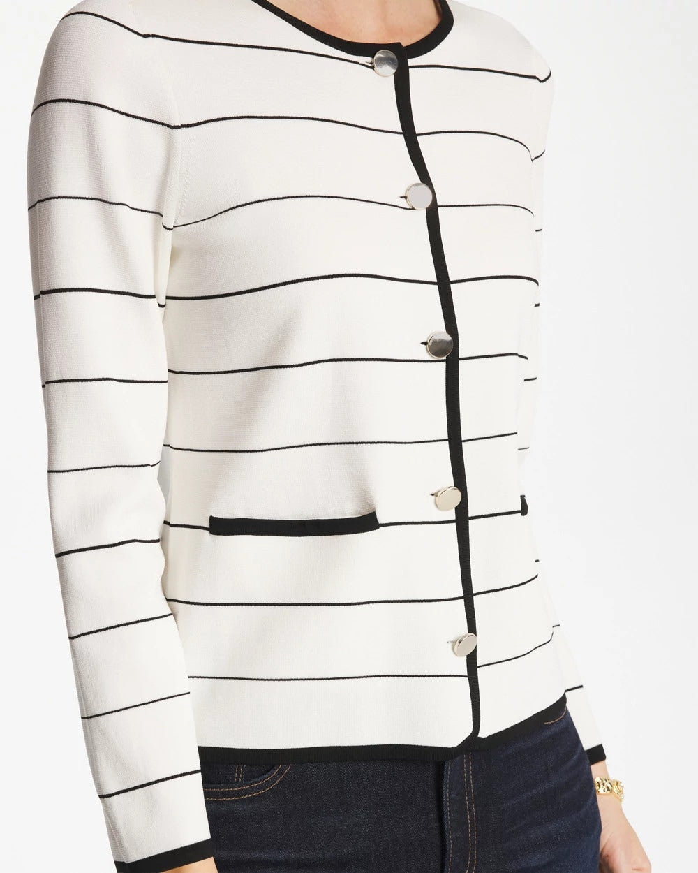 Chico's Contrast Tipped Sweater Blazer Ecru
