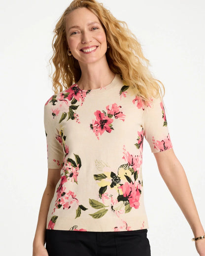 Chico's Ella Crewneck Floral Pullover Sweater Hot Honeysuckle