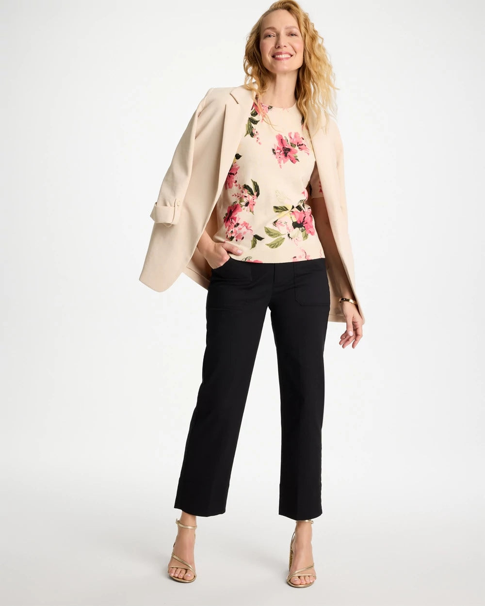 Chico's Ella Crewneck Floral Pullover Sweater Hot Honeysuckle