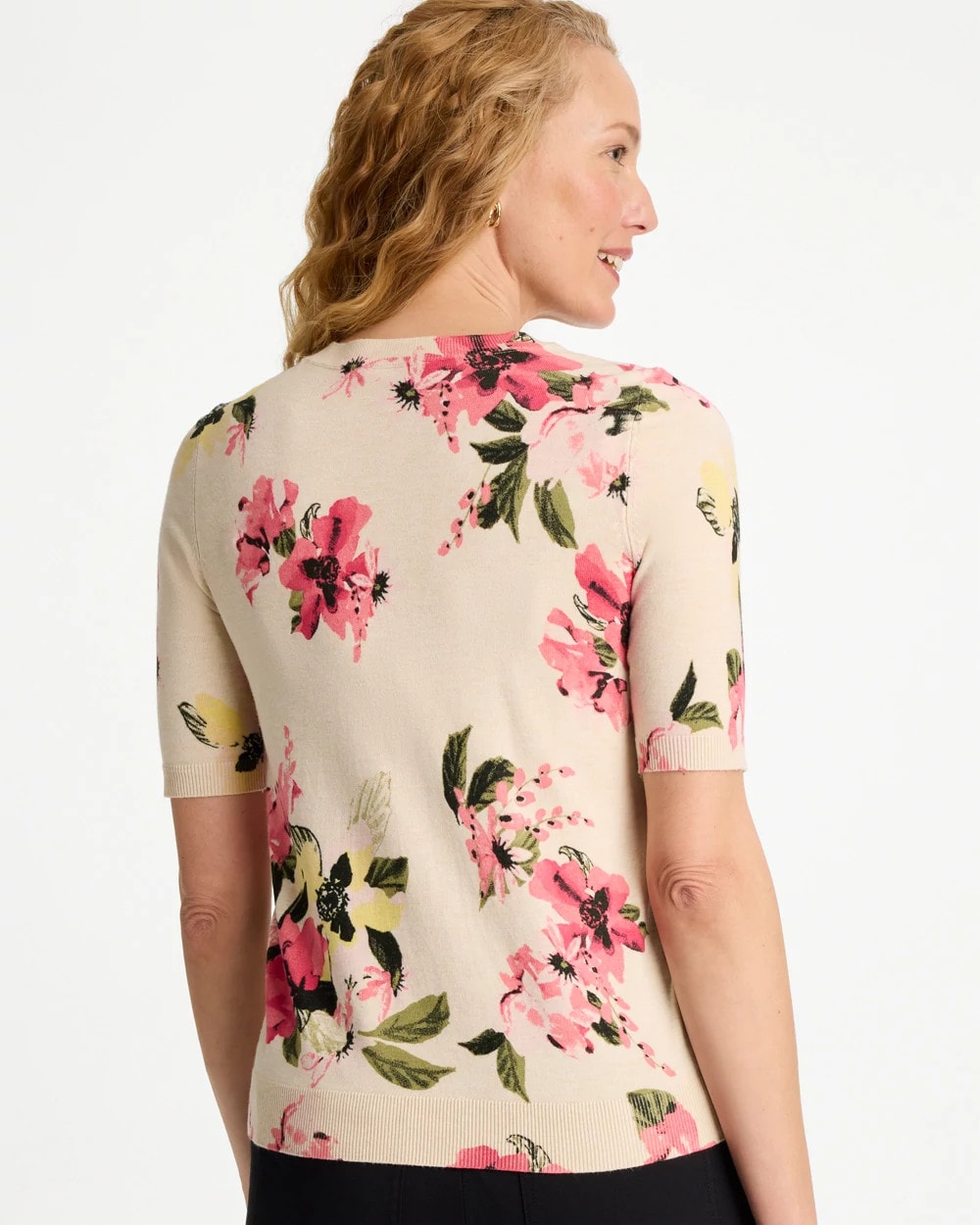 Chico's Ella Crewneck Floral Pullover Sweater Hot Honeysuckle