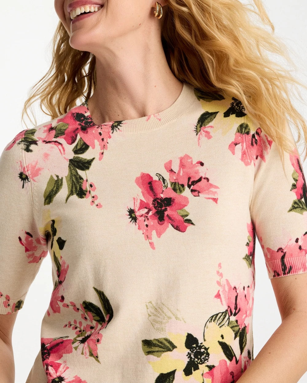Chico's Ella Crewneck Floral Pullover Sweater Hot Honeysuckle