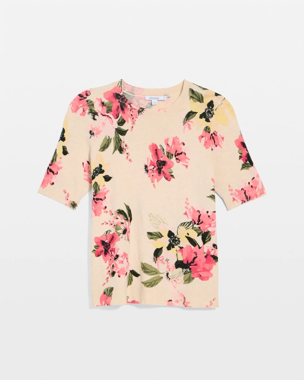Chico's Ella Crewneck Floral Pullover Sweater Hot Honeysuckle