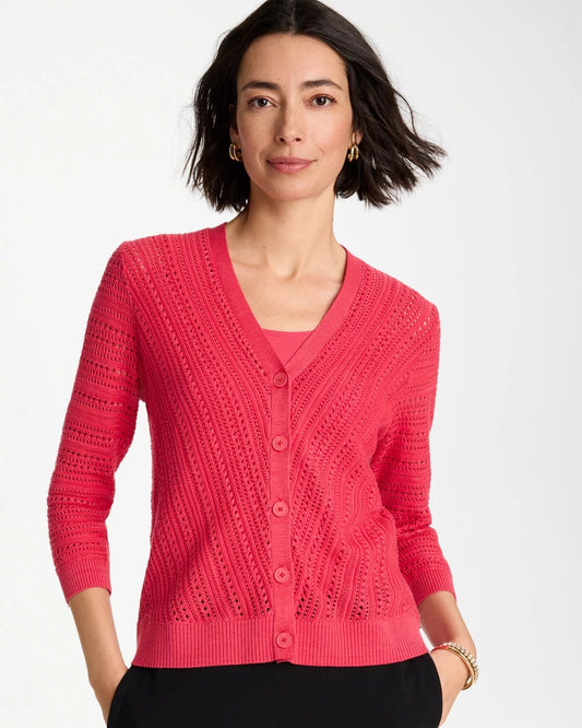 Chico's Stitchy V-Neck Cardigan Hot Honeysuckle