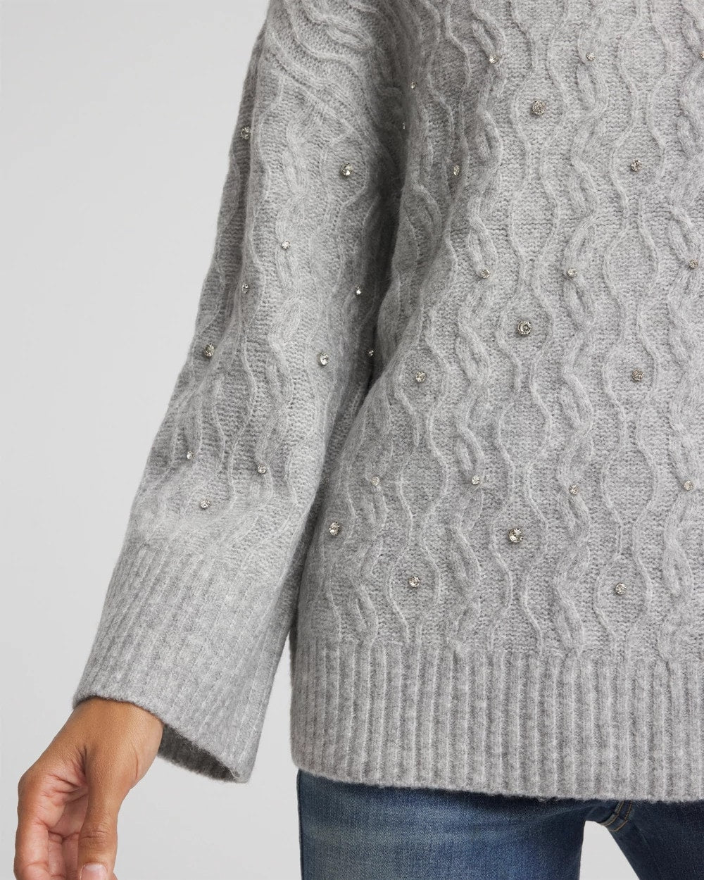 Chico's Sequined Cable Knit Sweater Cloud Heather Gray
