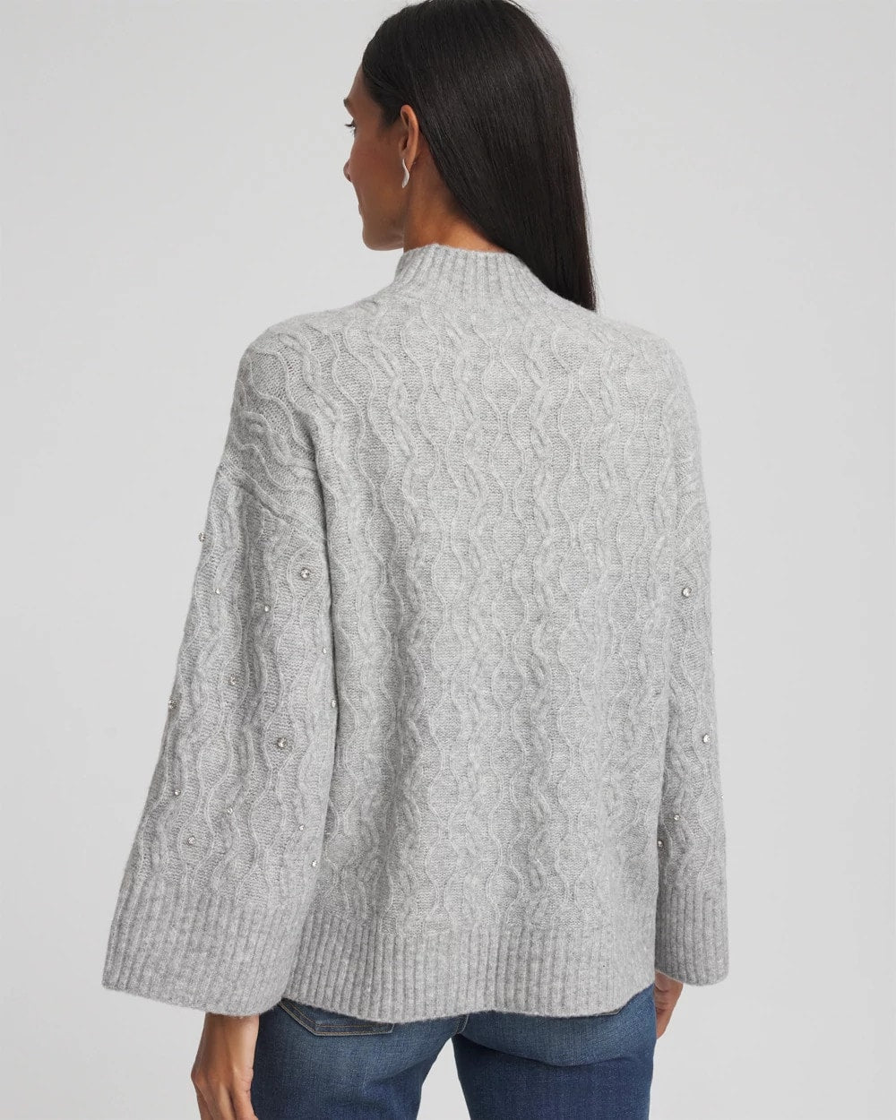 Chico's Sequined Cable Knit Sweater Cloud Heather Gray