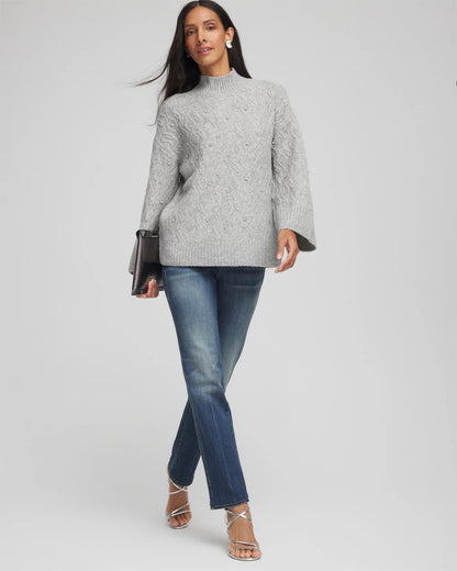 Chico's Sequined Cable Knit Sweater Cloud Heather Gray