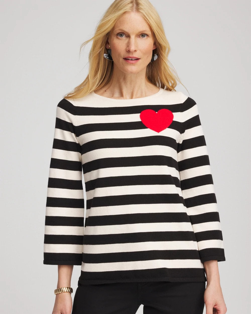 Chico's Striped V-Day Pullover English Cream